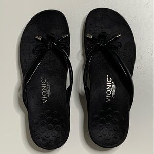 Vionic Women's Black Sandals Flip Flops Bella Bow Orthaheel High Arch Thong